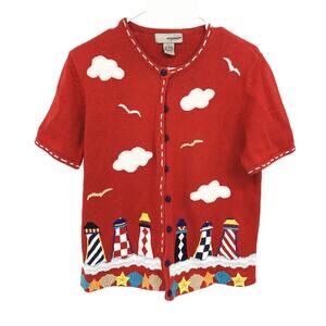 Designers Original Studio Nautical Lighthouse Red Embroidered Sweater SS Size L